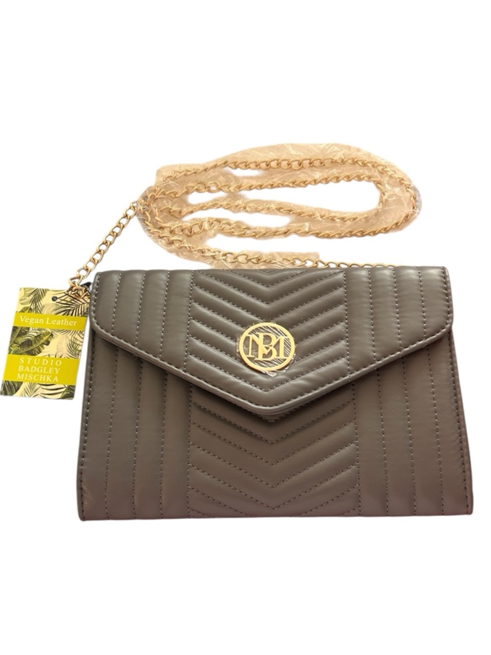 Badgley Mischka NWT gorgeous gray quilted crossbody bag with gold chain